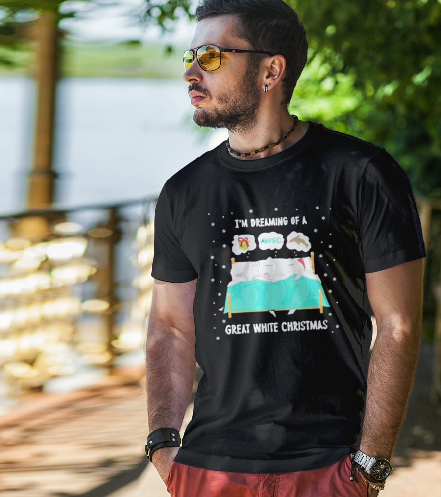 I'm Dreaming Of A Great White Christmas AWSC Shark In Bed With Snowflakes T-Shirt