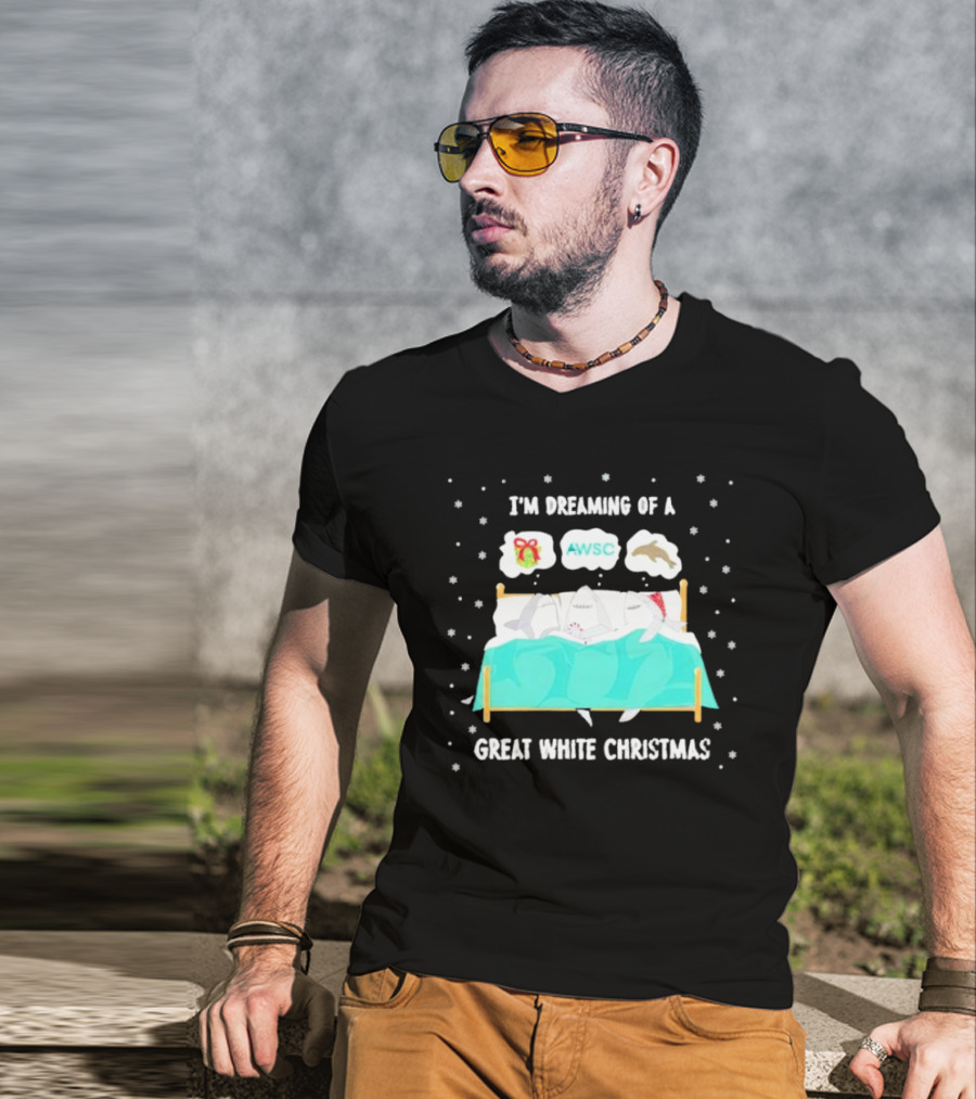 I'm Dreaming Of A Great White Christmas AWSC Shark In Bed With Snowflakes T-Shirt