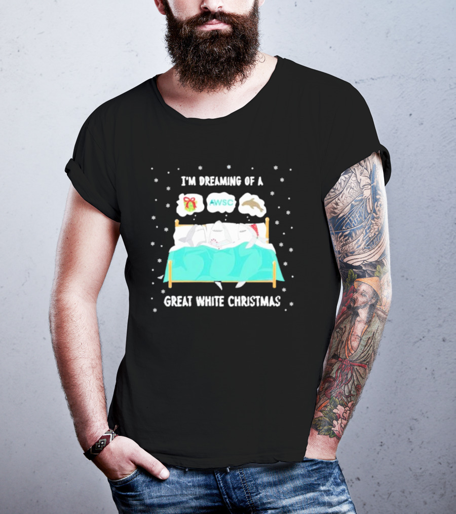 I'm Dreaming Of A Great White Christmas AWSC Shark In Bed With Snowflakes T-Shirt