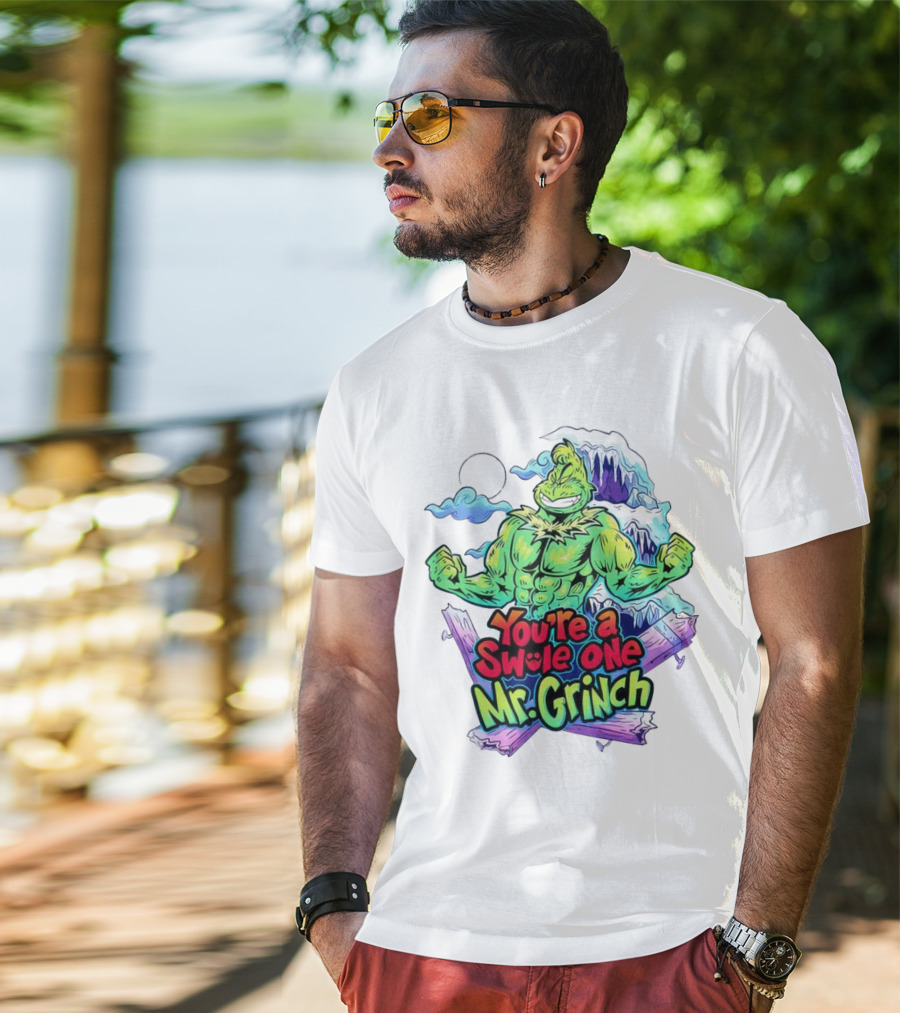 You’re A Swole One Mr Grinch Fitness Muskula Green Character With Frosted Mountain Background T-Shirt
