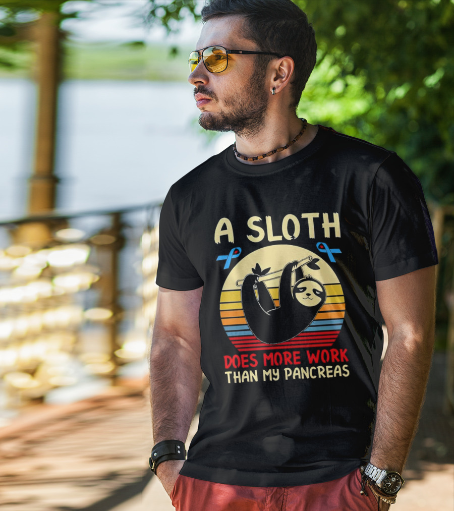 A Sloth Does More Work Than My Pancreas Vintage Style With Blue Diabetes Awareness Ribbons T-Shirt