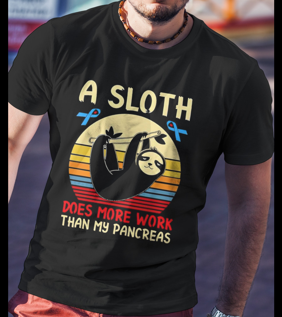 A Sloth Does More Work Than My Pancreas Vintage Style With Blue Diabetes Awareness Ribbons T-Shirt
