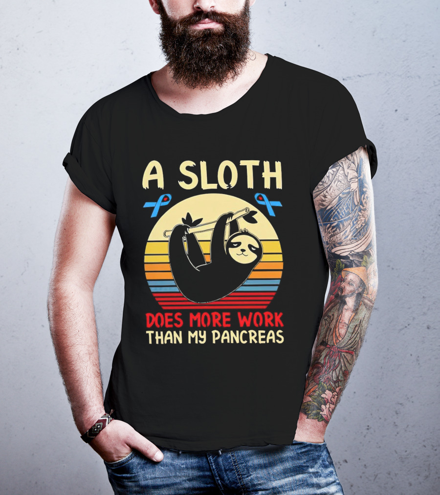 A Sloth Does More Work Than My Pancreas Vintage Style With Blue Diabetes Awareness Ribbons T-Shirt