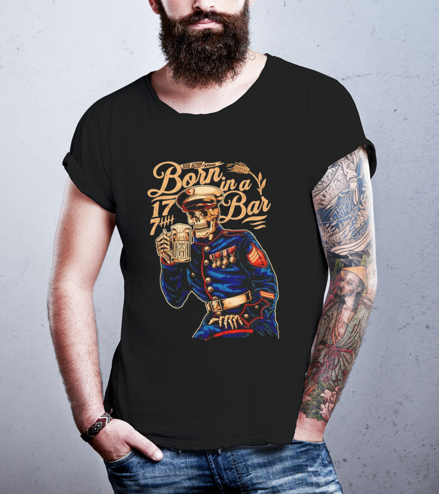 Side Action Apparel Born In A Bar 1774 Skeleton Marine Drinking Beer T-Shirt