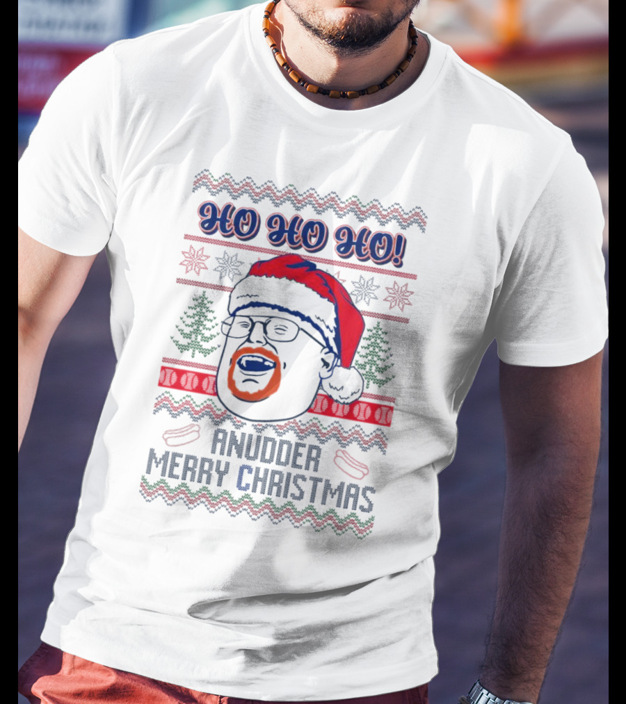 HO HO HO Anudder Merry Christmas Ugly Santa Beard Trees Snowflakes Sausages T-Shirt