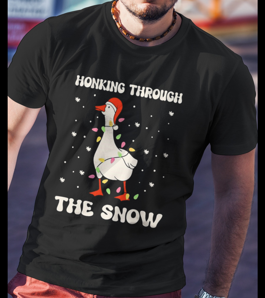 Honking Through The Snow Goose Wrapped In Christmas Lights T-Shirt