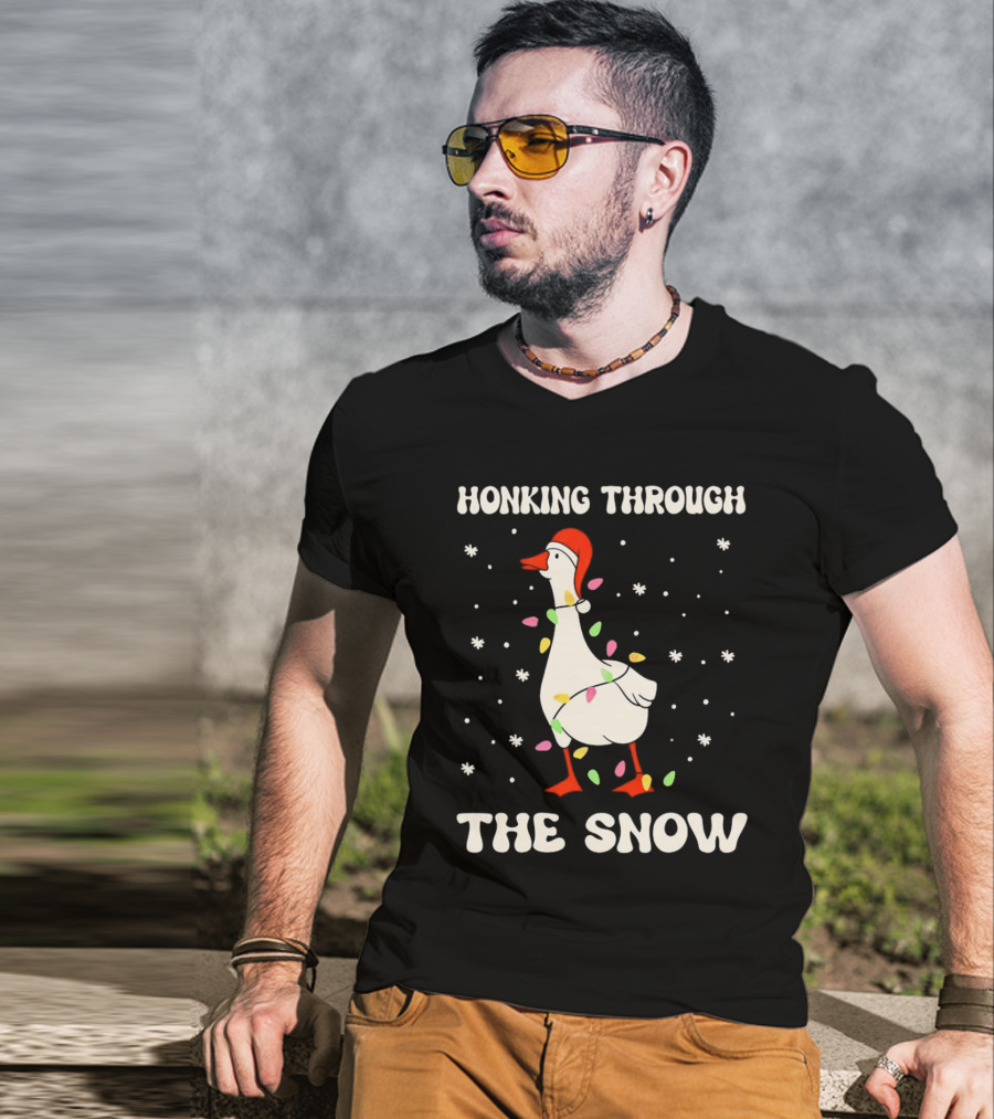 Honking Through The Snow Goose Wrapped In Christmas Lights T-Shirt