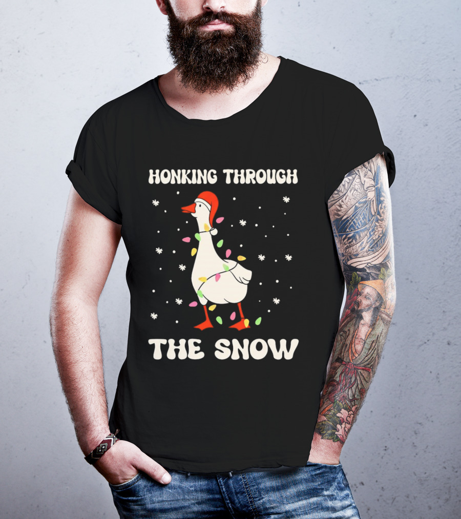 Honking Through The Snow Goose Wrapped In Christmas Lights T-Shirt