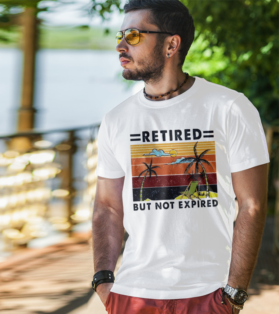 Retired But Not Expired Beach Vintage Sunset Palm Trees Chair Retro T-Shirt