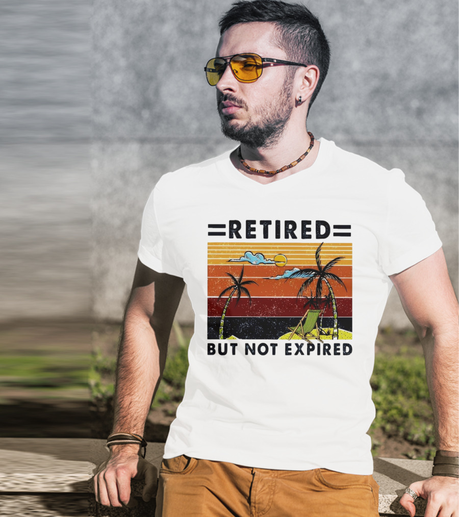 Retired But Not Expired Beach Vintage Sunset Palm Trees Chair Retro T-Shirt