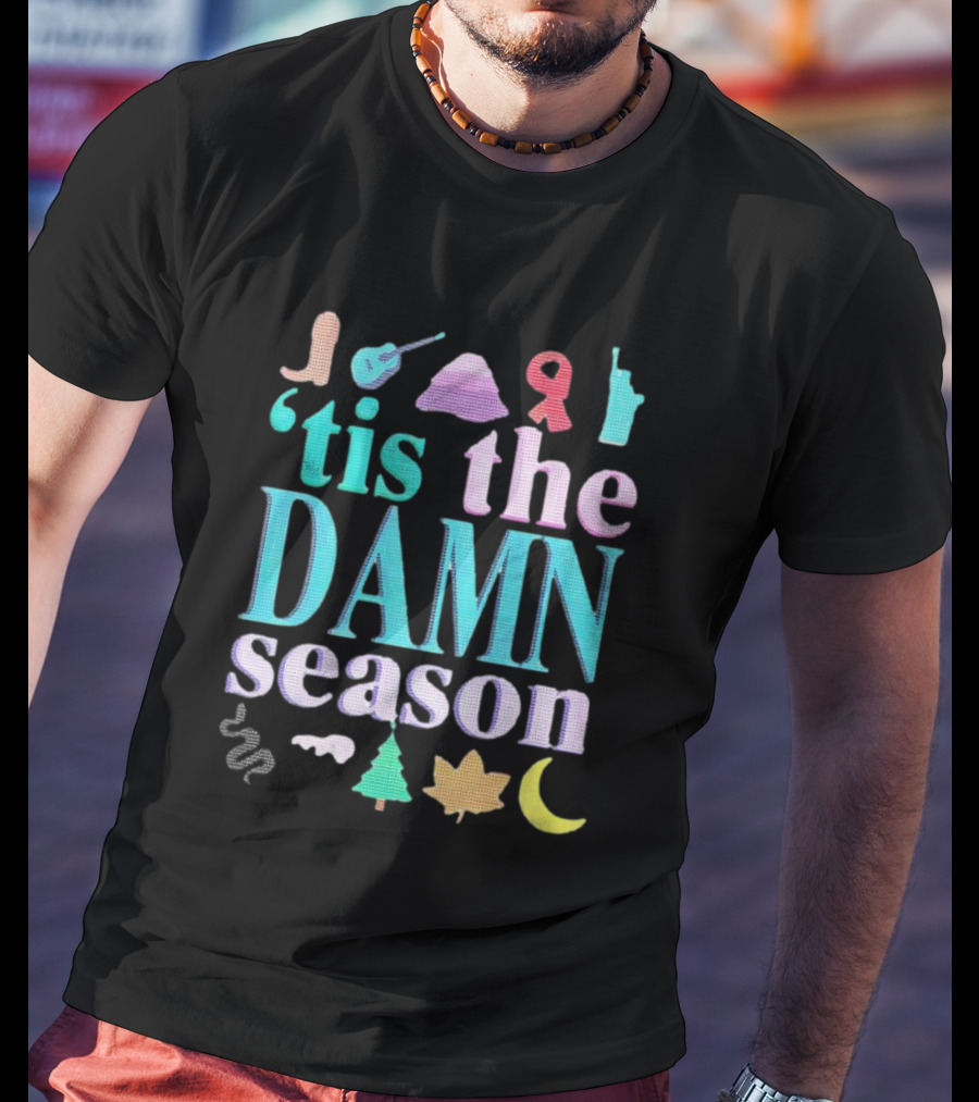 Tis The Damn Season Christmas Cowboy Boot Guitar Tree Moon T-Shirt