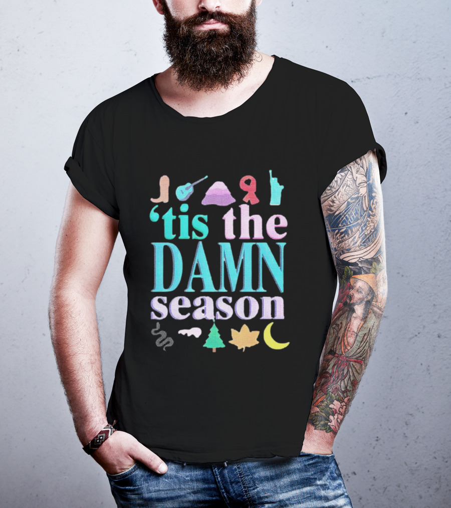 Tis The Damn Season Christmas Cowboy Boot Guitar Tree Moon T-Shirt
