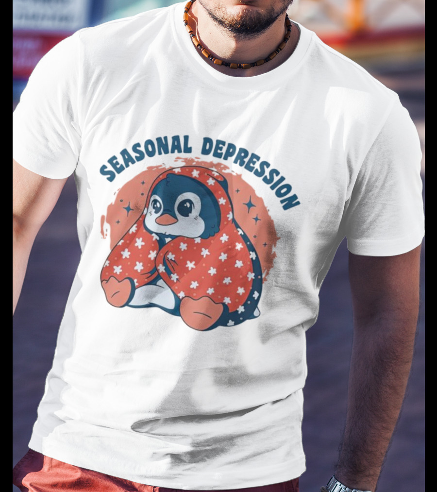 Seasonal Depression Penguin In Cozy Blanket With Stars And Flowers T-Shirt