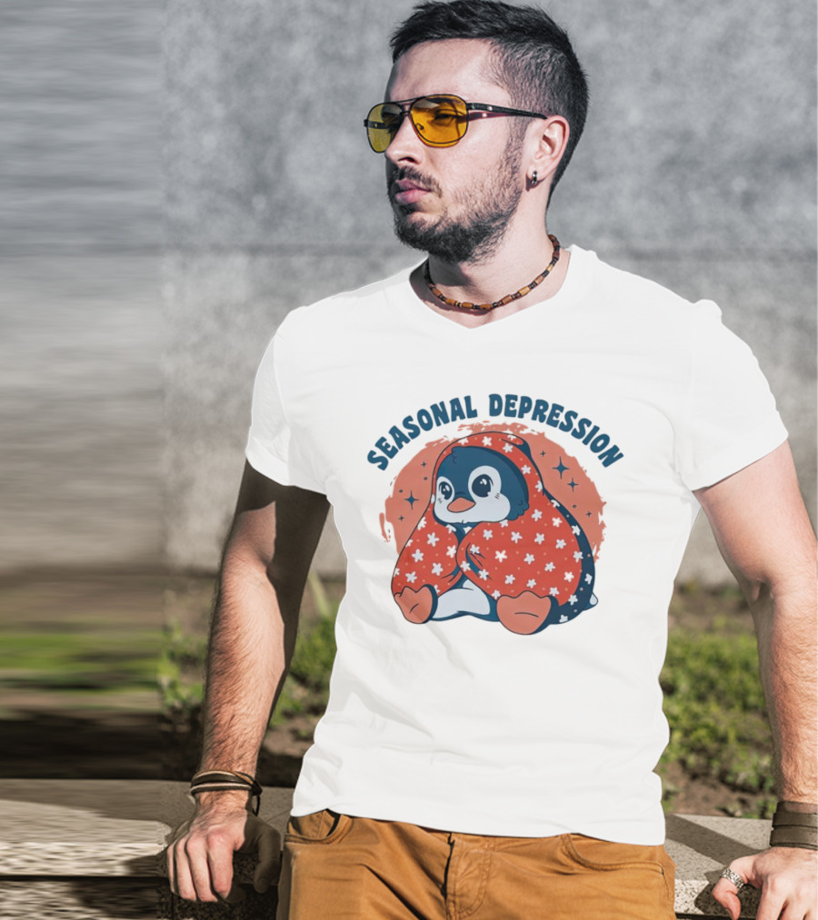 Seasonal Depression Penguin In Cozy Blanket With Stars And Flowers T-Shirt