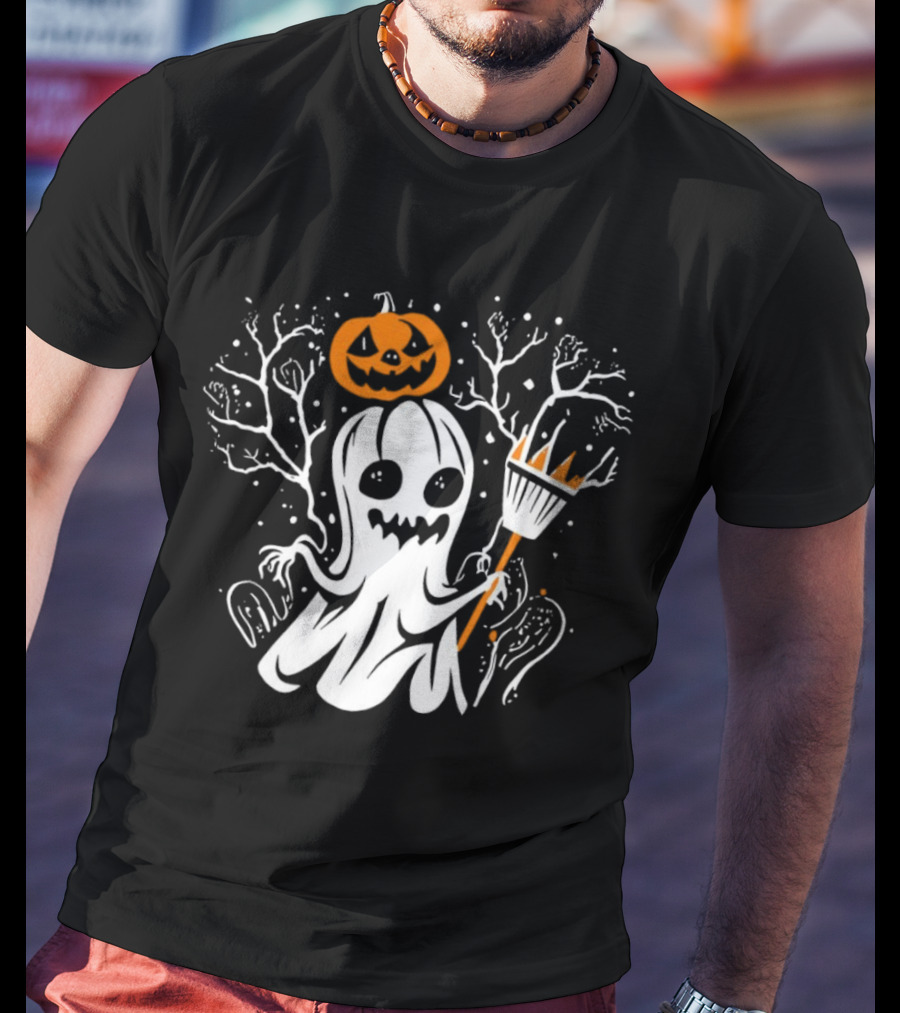 Pumpkin King Halloween Ghost With Broomstick T-Shirt