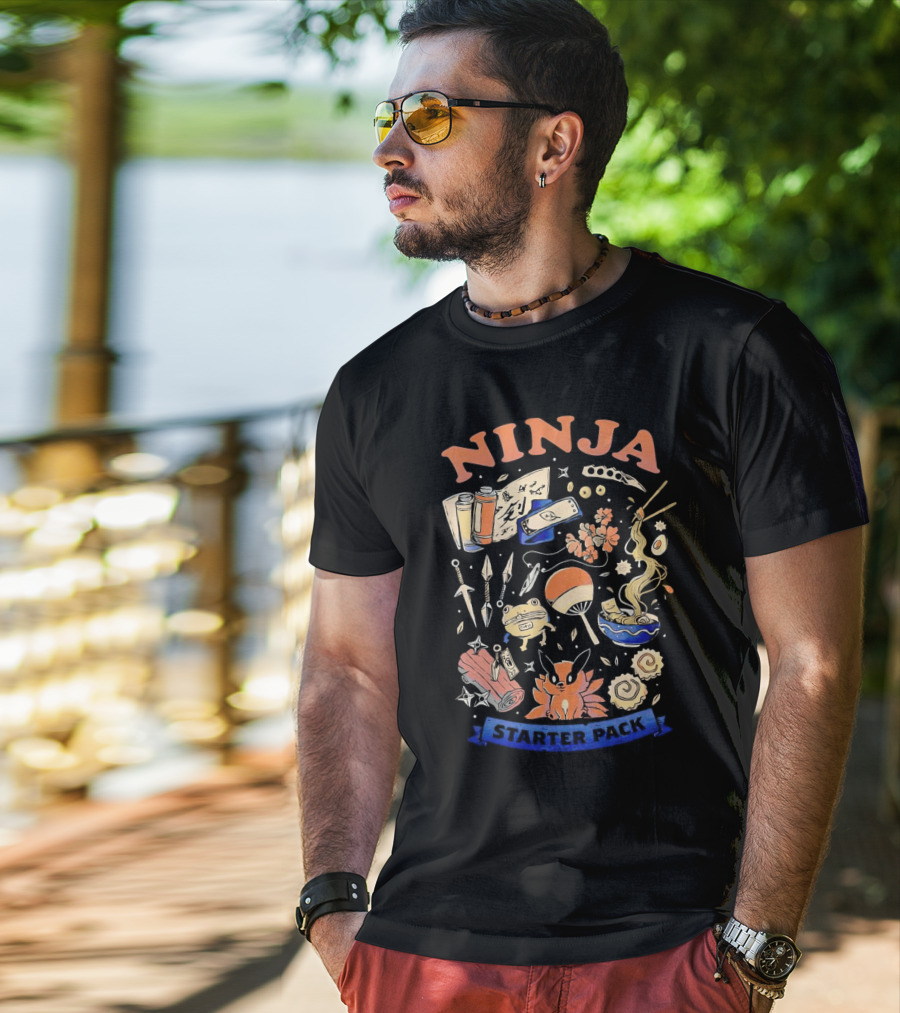 Ninja Starter Pack Kunai Scrolls Shuriken Ramen Chopsticks Anime Fox Pokeball T-Shirt