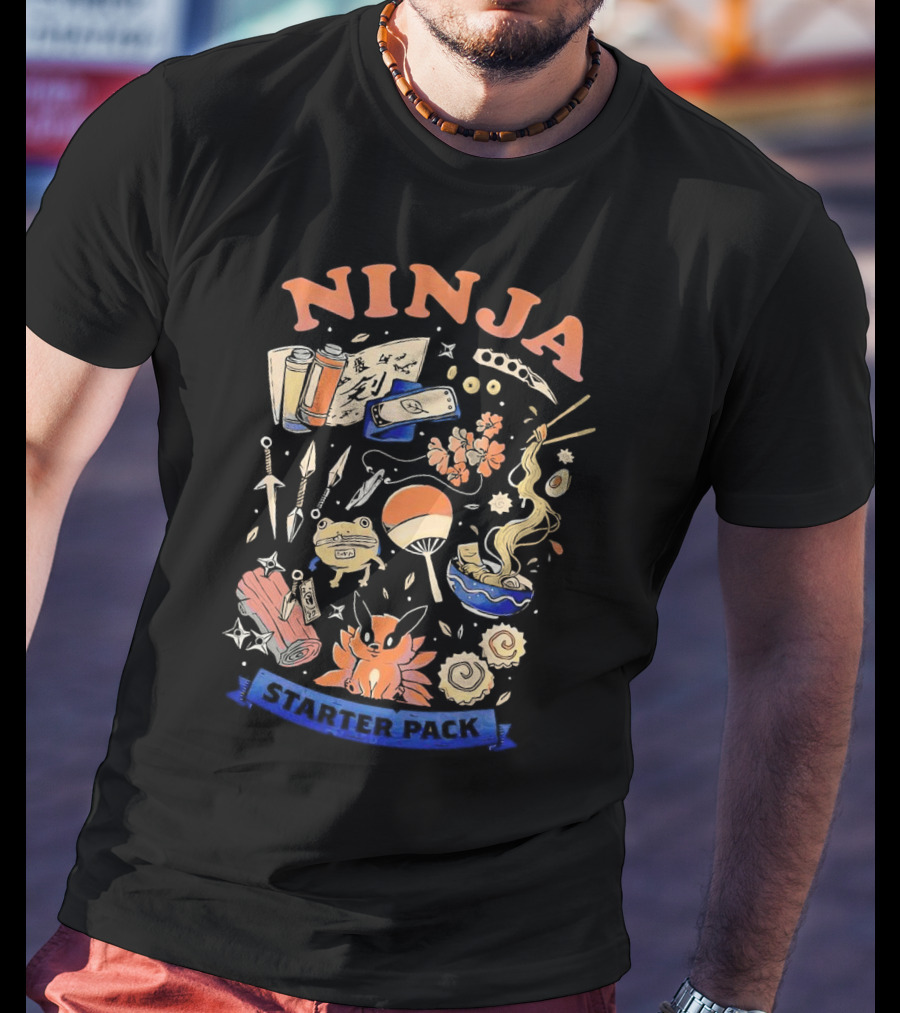 Ninja Starter Pack Kunai Scrolls Shuriken Ramen Chopsticks Anime Fox Pokeball T-Shirt