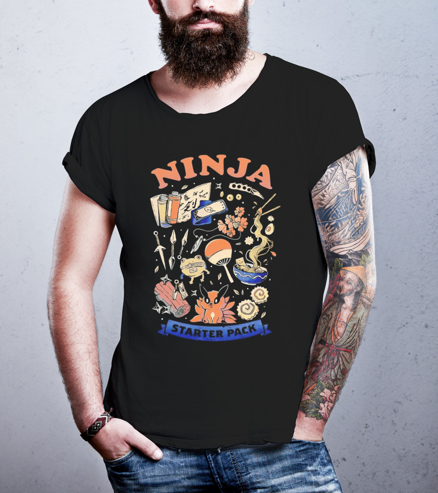 Ninja Starter Pack Kunai Scrolls Shuriken Ramen Chopsticks Anime Fox Pokeball T-Shirt