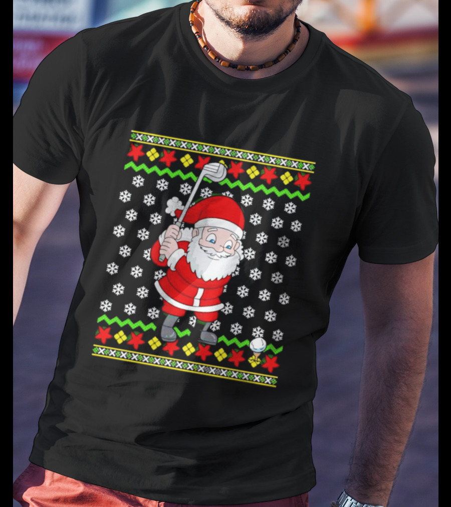 Santa Golfing Christmas Snowflakes Ugly T-Shirt