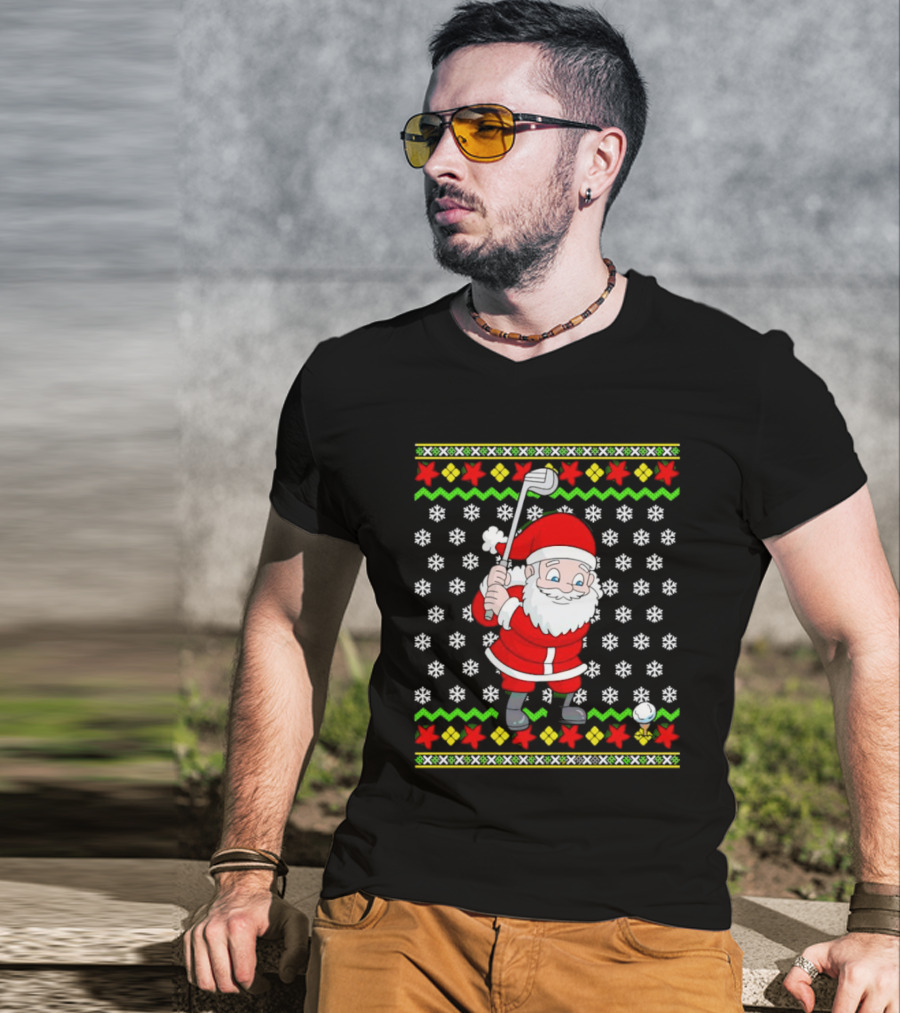 Santa Golfing Christmas Snowflakes Ugly T-Shirt
