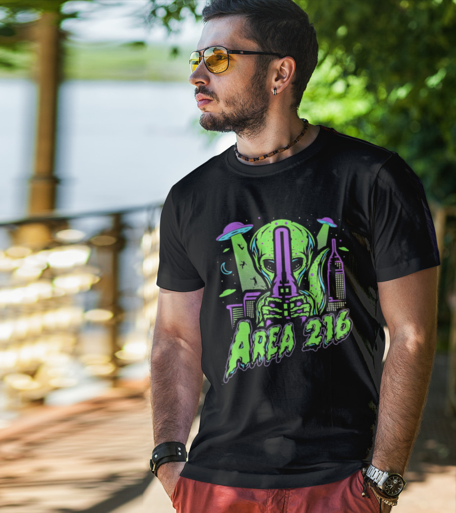 Area 216 Alien UFO City Skyline Neon T-Shirt