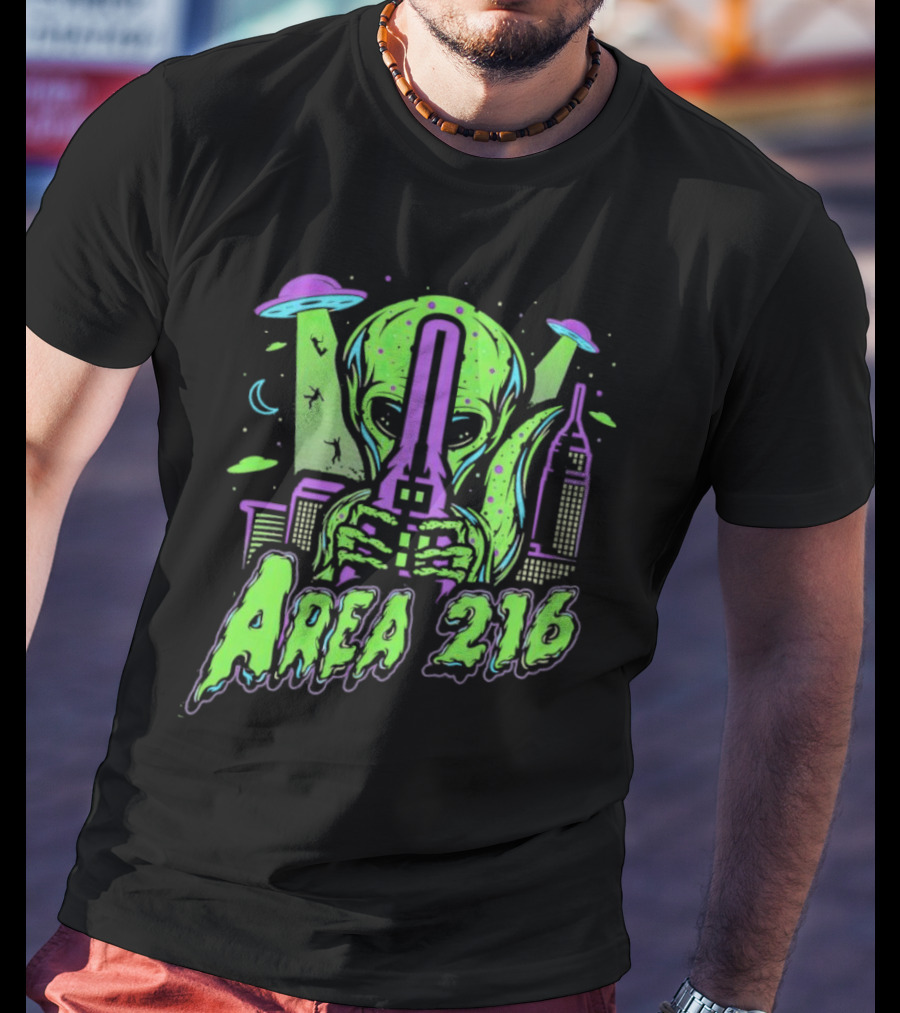 Area 216 Alien UFO City Skyline Neon T-Shirt
