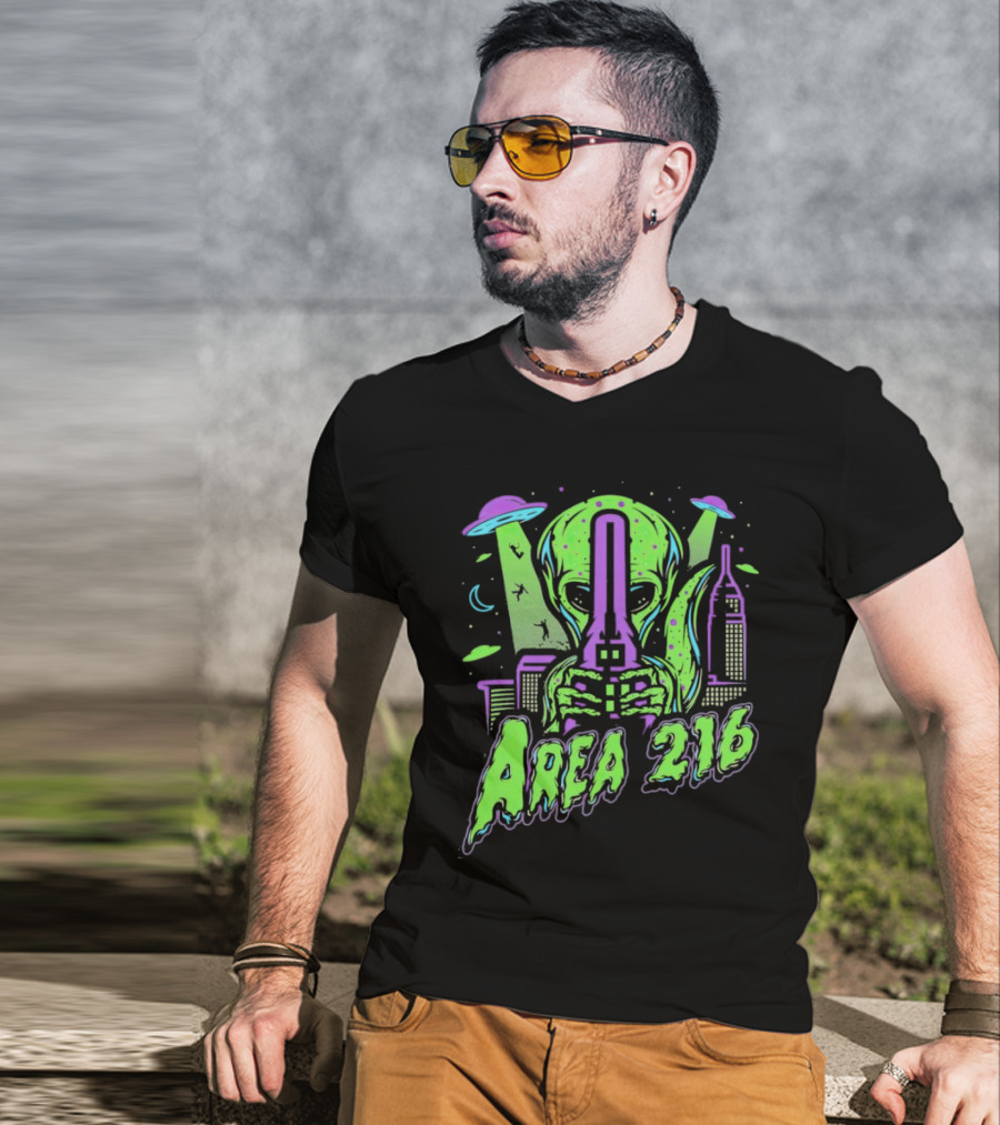 Area 216 Alien UFO City Skyline Neon T-Shirt