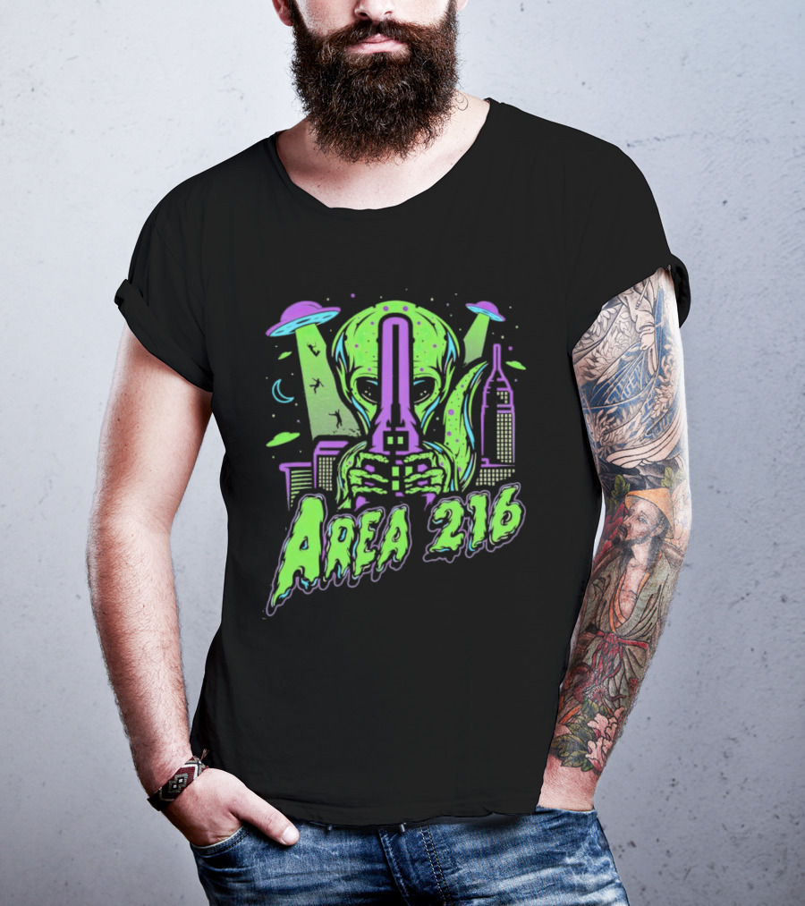 Area 216 Alien UFO City Skyline Neon T-Shirt