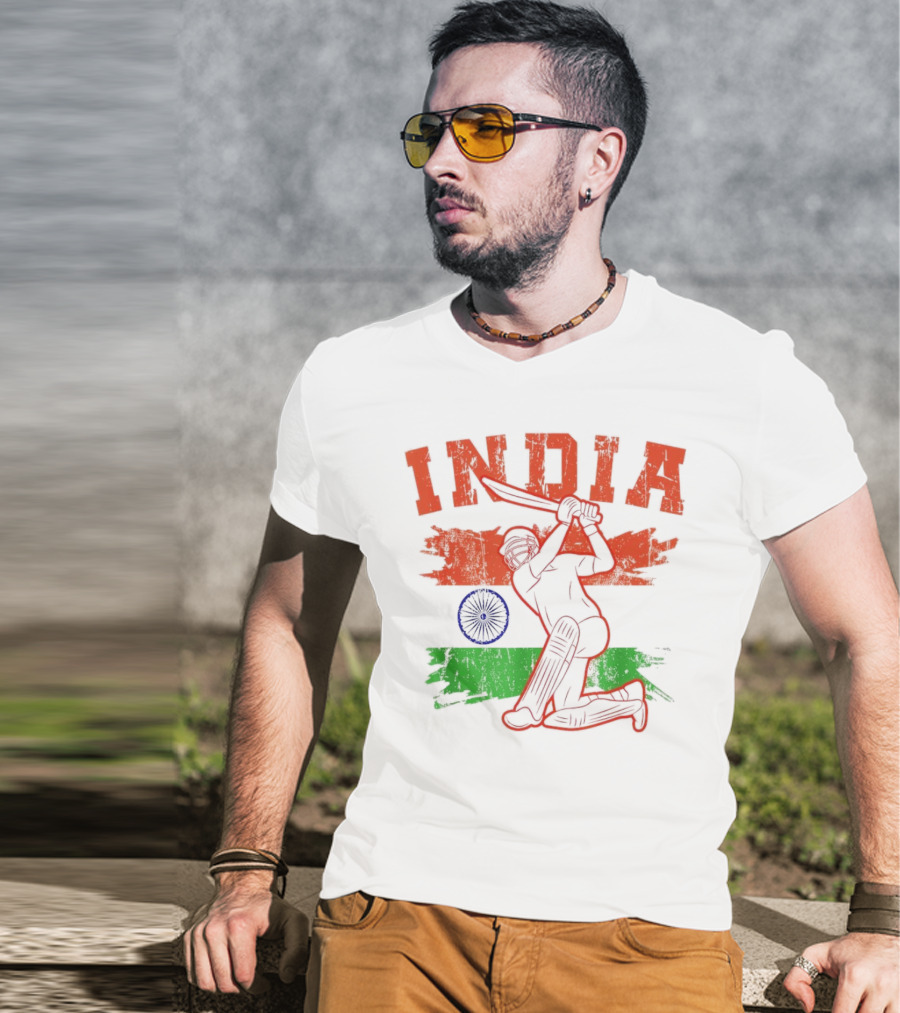 India Cricket Enthusiasts Batting Action With Ashoka Chakra T-Shirt