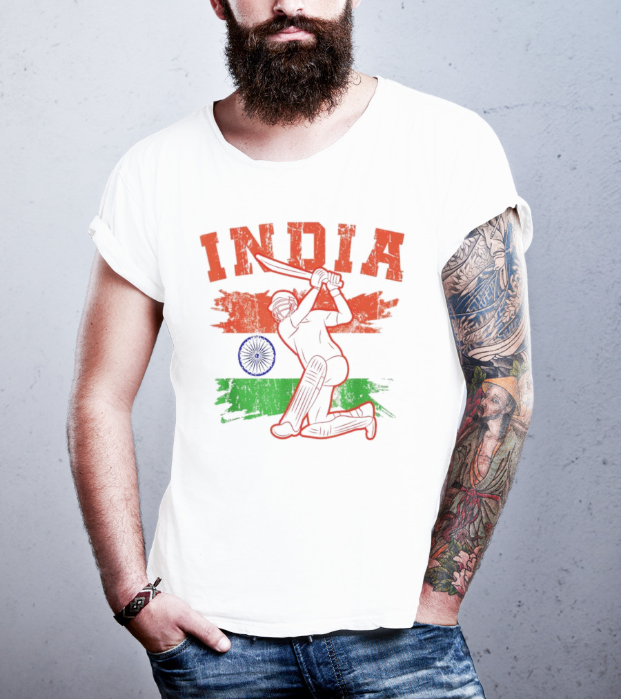 India Cricket Enthusiasts Batting Action With Ashoka Chakra T-Shirt