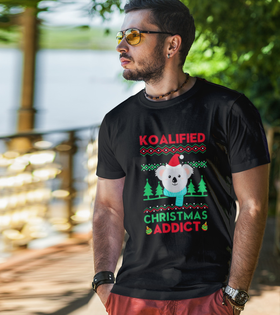Koalified Koala Christmas Addict Ugly Sweater Style Design With Santa Hat And Christmas Trees T-Shirt