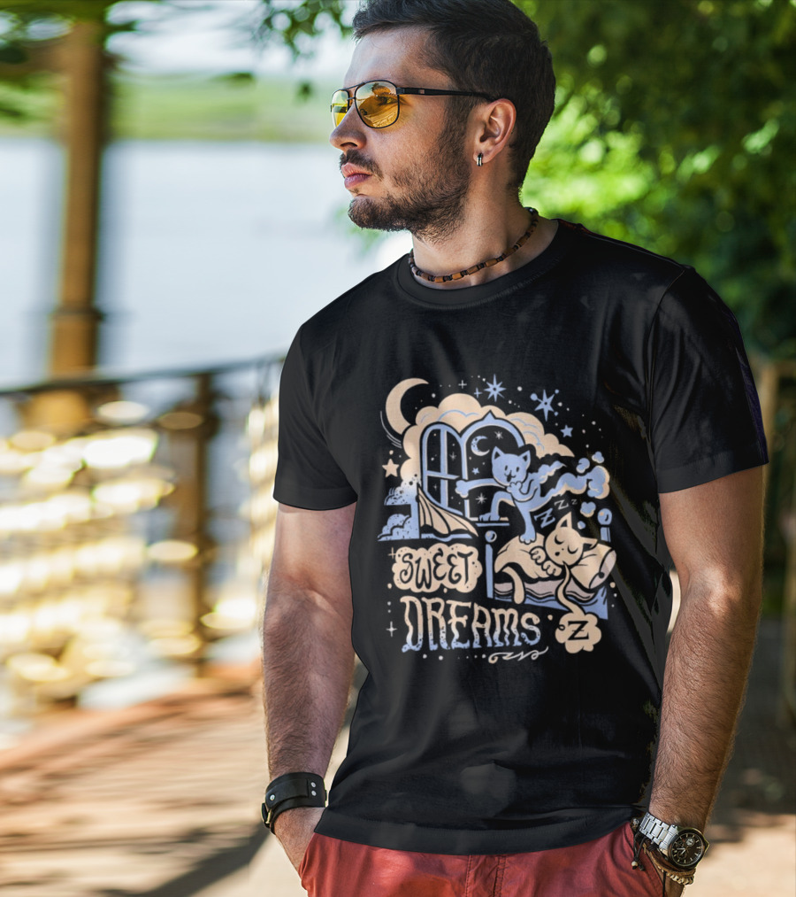 Sweet Dreams Dreaming Cat Under Moon And Stars T-Shirt