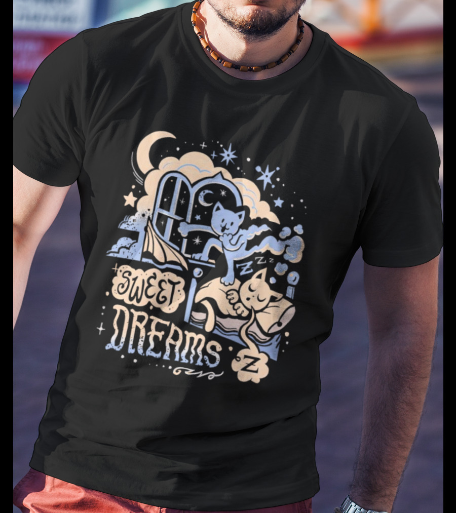 Sweet Dreams Dreaming Cat Under Moon And Stars T-Shirt