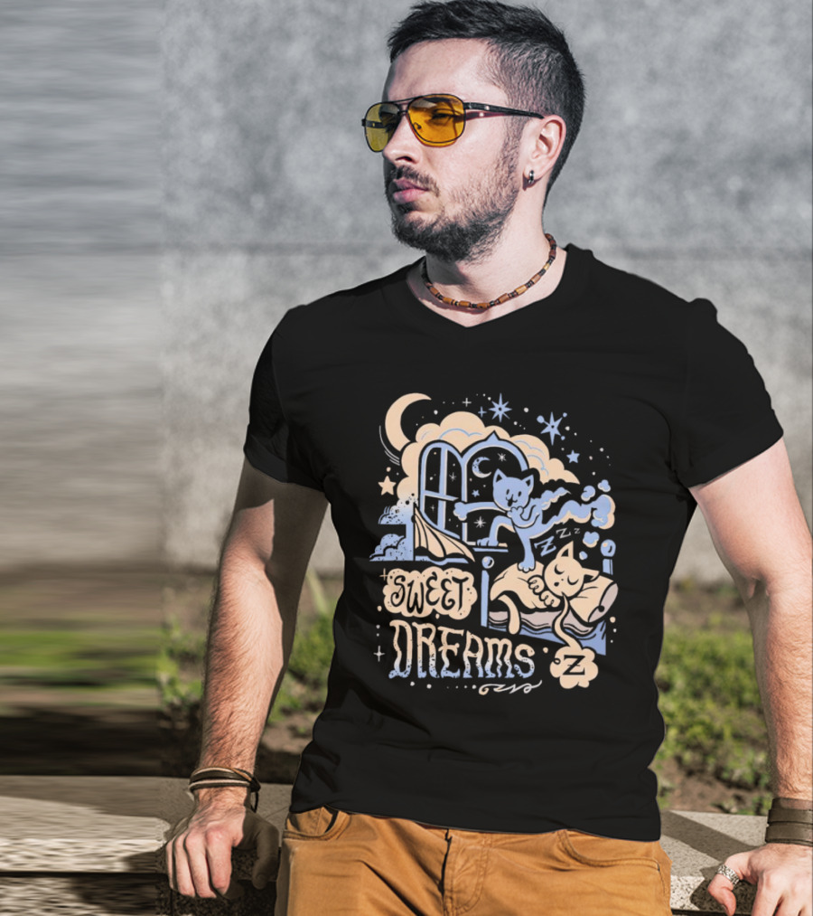 Sweet Dreams Dreaming Cat Under Moon And Stars T-Shirt