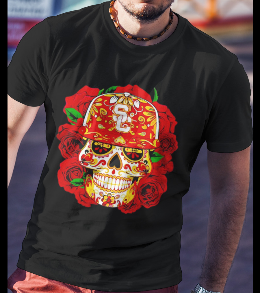 USC Sugar Skull With Roses And Cap T-Shirt