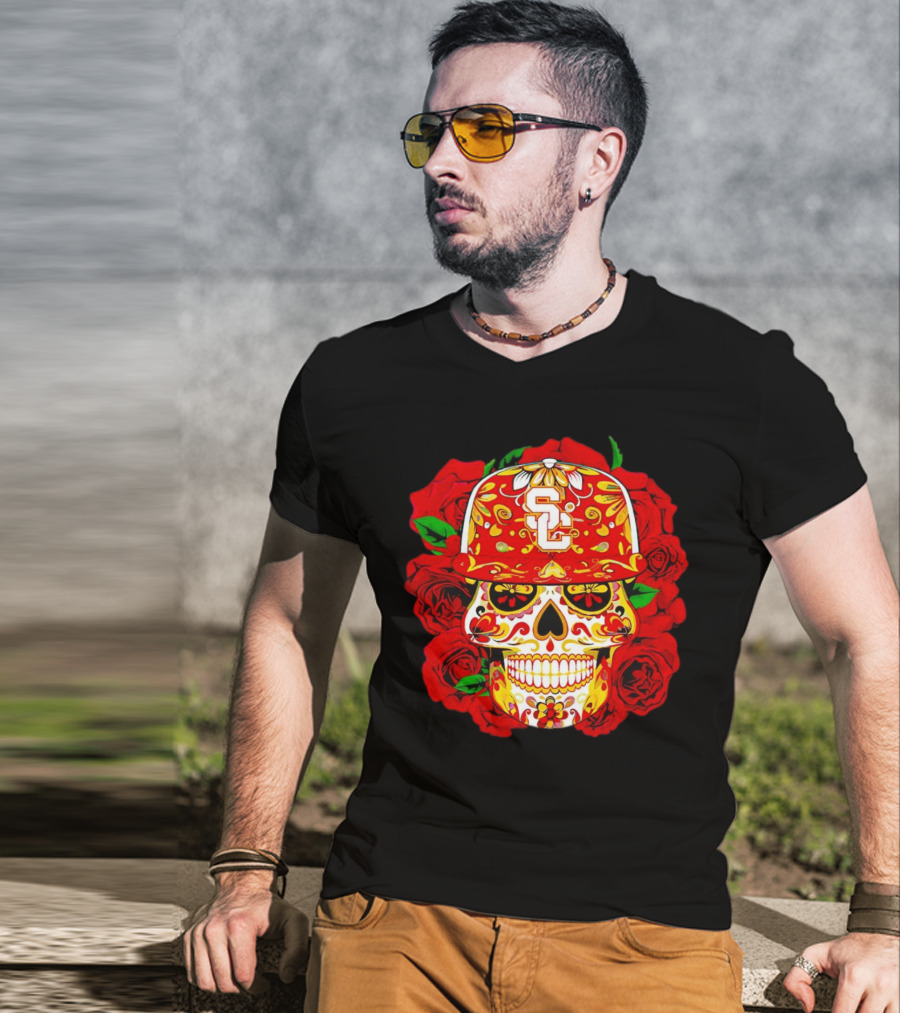 USC Sugar Skull With Roses And Cap T-Shirt