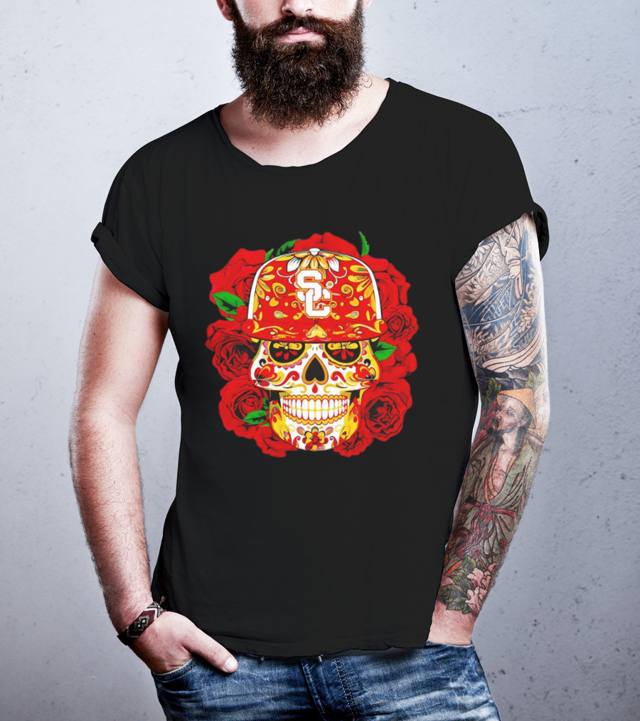USC Sugar Skull With Roses And Cap T-Shirt