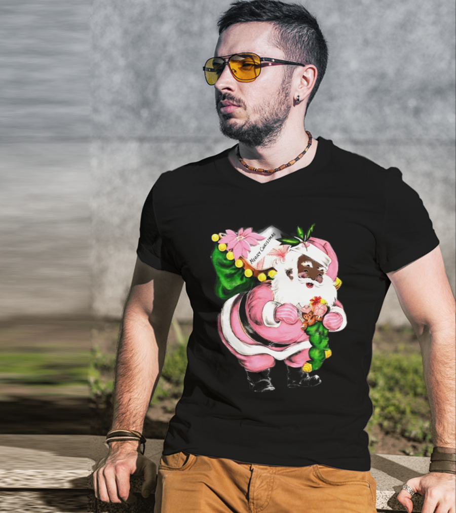 Merry Christmas Pink African-American Black Santa Claus With Gifts T-Shirt