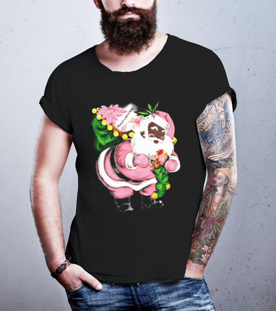 Merry Christmas Pink African-American Black Santa Claus With Gifts T-Shirt