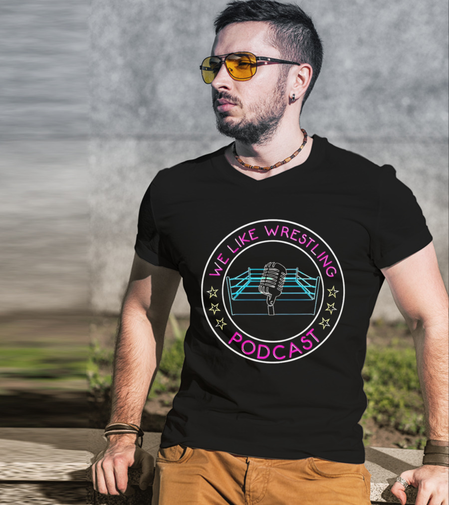 We Like Wrestling Podcast Neon Ring Microphone Stars T-Shirt