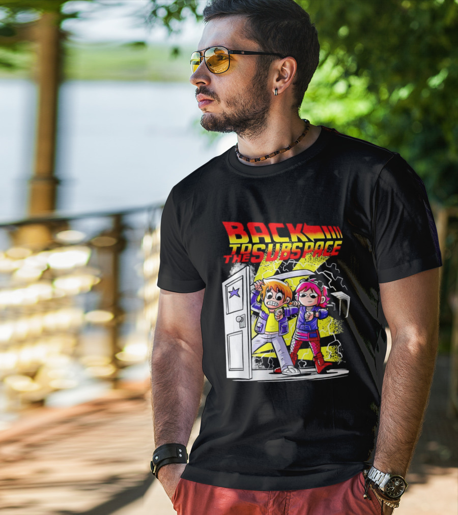 Back To The Subspace Scott Pilgrim And Ramona With Retro Door And Lightning T-Shirt