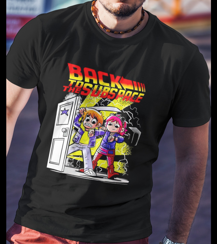 Back To The Subspace Scott Pilgrim And Ramona With Retro Door And Lightning T-Shirt