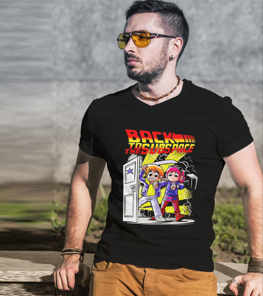 Back To The Subspace Scott Pilgrim And Ramona With Retro Door And Lightning T-Shirt