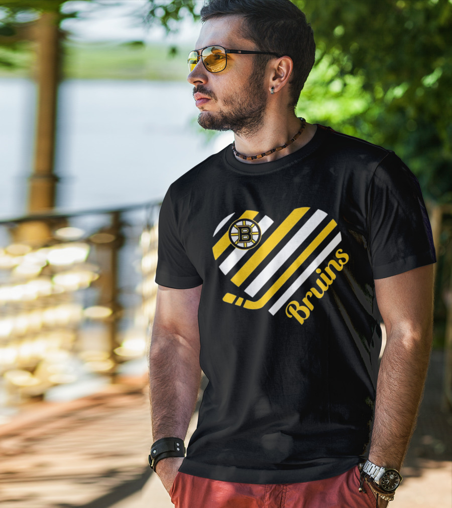 Boston Bruins Stripes Heart With Hockey Stick T-Shirt