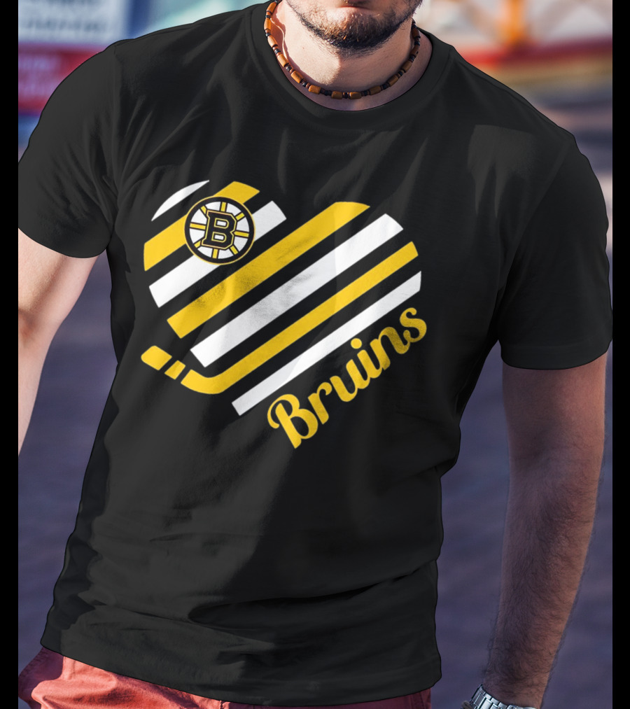 Boston Bruins Stripes Heart With Hockey Stick T-Shirt