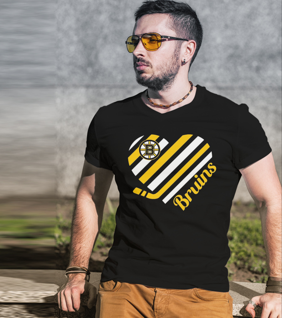 Boston Bruins Stripes Heart With Hockey Stick T-Shirt