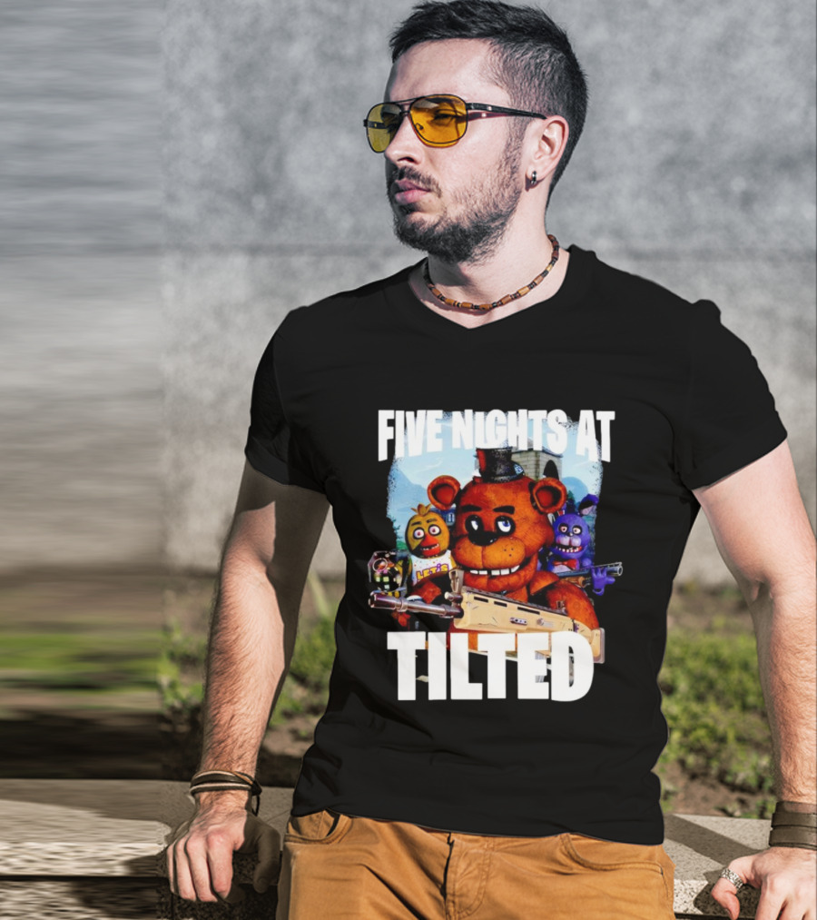 Five Nights At Tilted Freddy Bear Characters With Guns T-Shirt