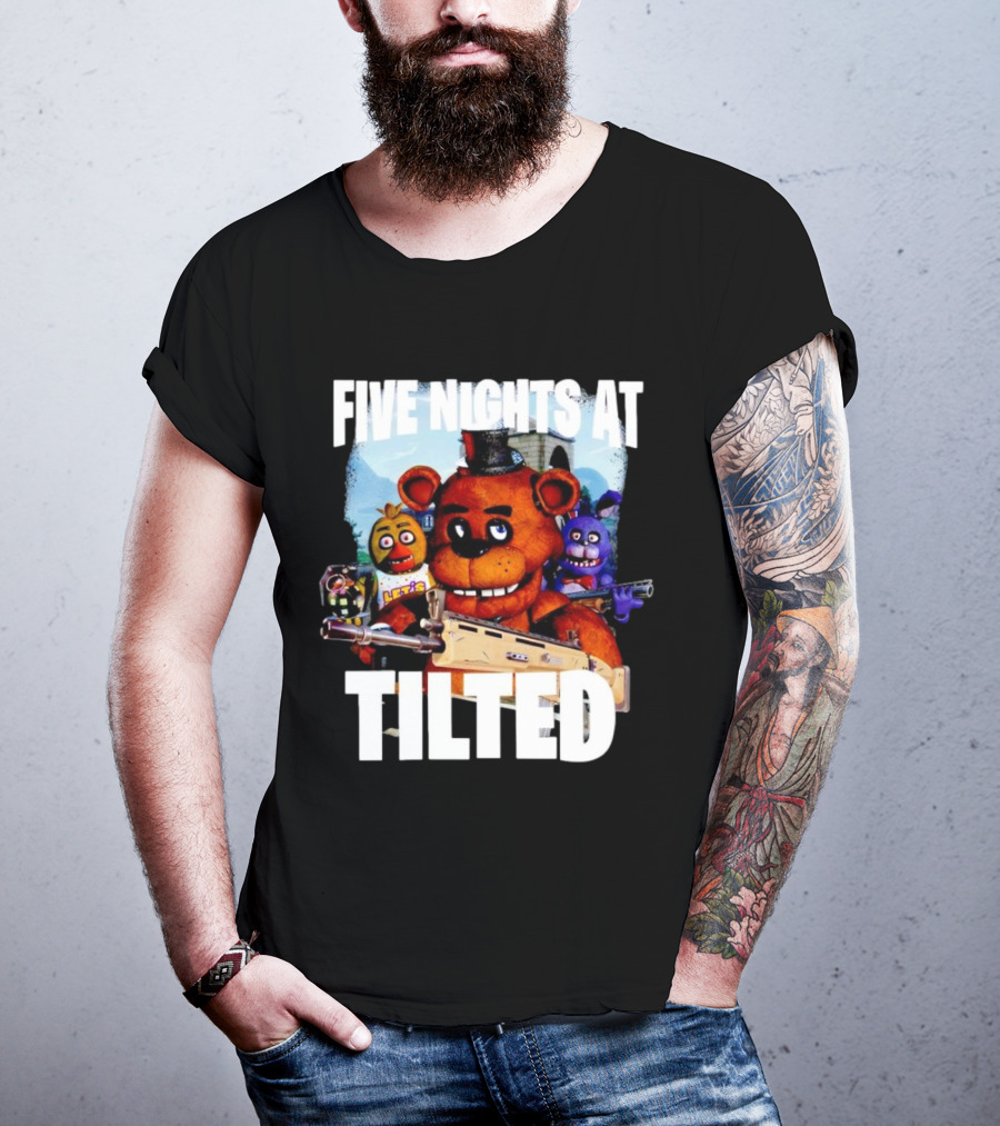 Five Nights At Tilted Freddy Bear Characters With Guns T-Shirt