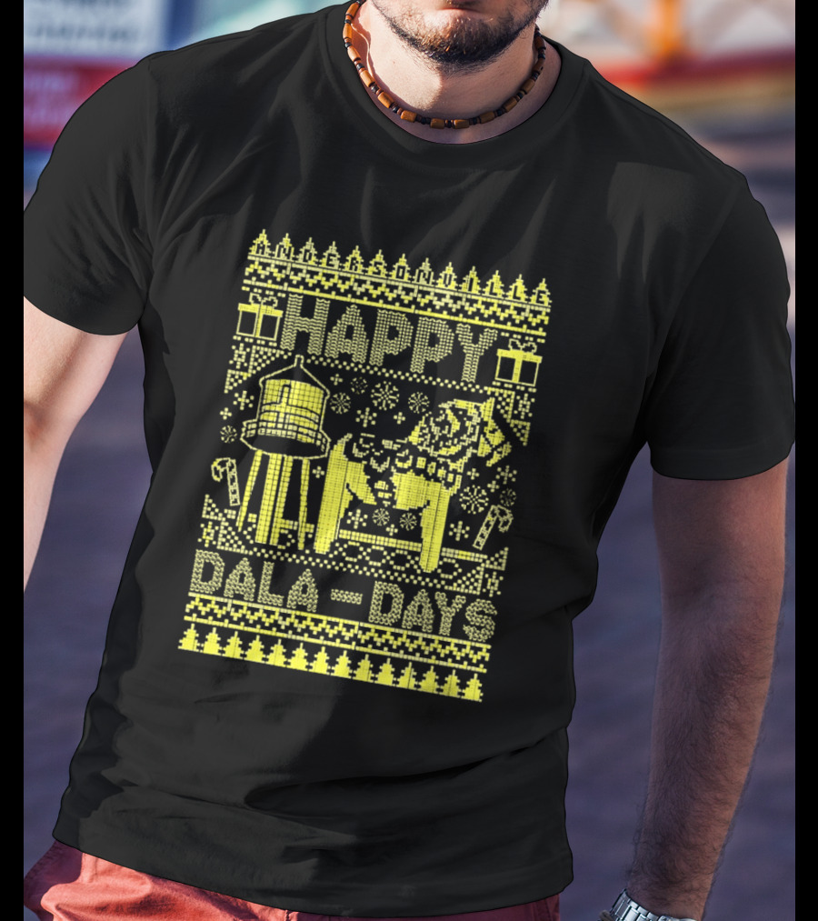 Andersonville Happy Dala Days Christmas Sweater Pattern With Water Tower And Dala Horse T-Shirt