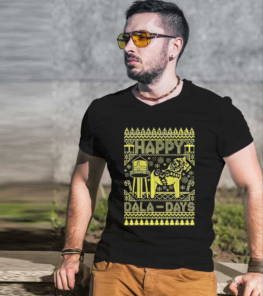 Andersonville Happy Dala Days Christmas Sweater Pattern With Water Tower And Dala Horse T-Shirt